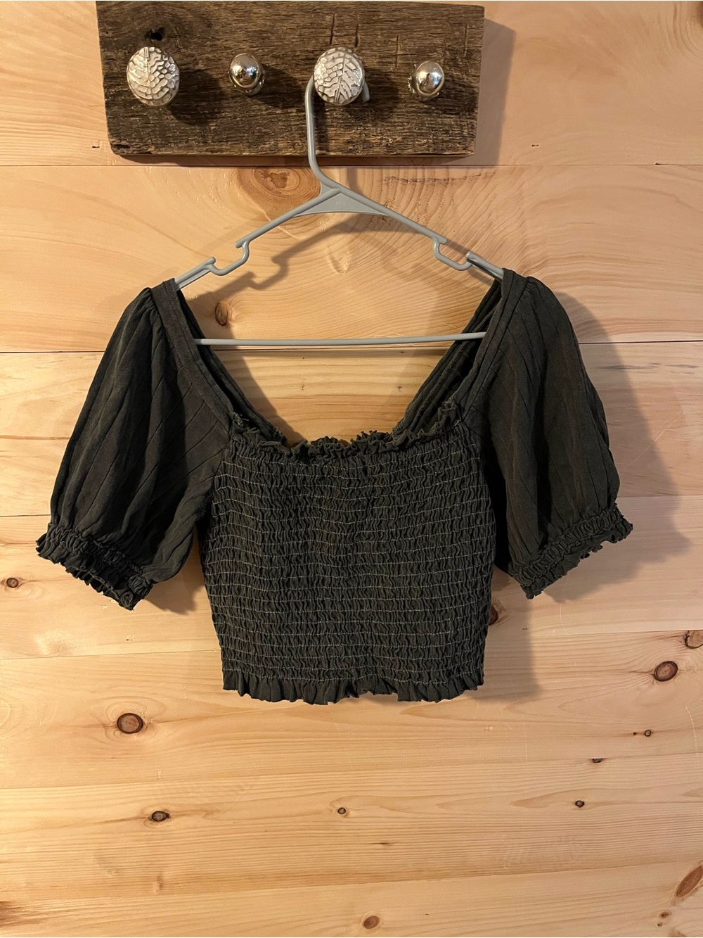 We The Free Black Smocked Puff Sleeve Crop Top Size Small